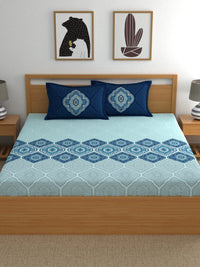 Thumbnail for Dreamscape Blue Ethnic 144 TC Cotton Bedsheet with Reversible Pillow Covers - Distacart