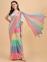Thumbnail for Sangria Blue & Pink Georgette Striped Zari Work Saree - Distacart