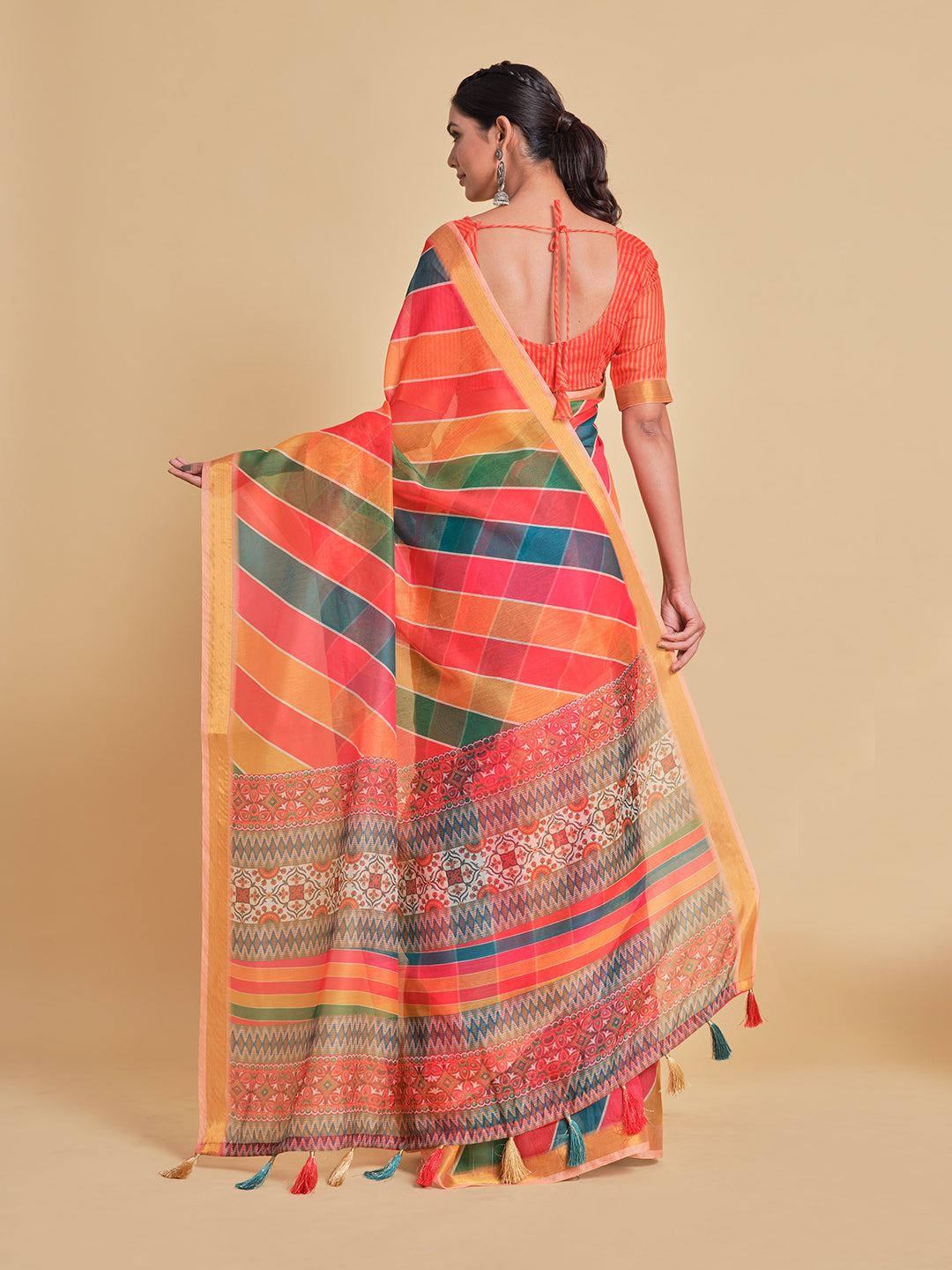 Sangria Orange & Green Printed Pure Cotton Saree - Distacart
