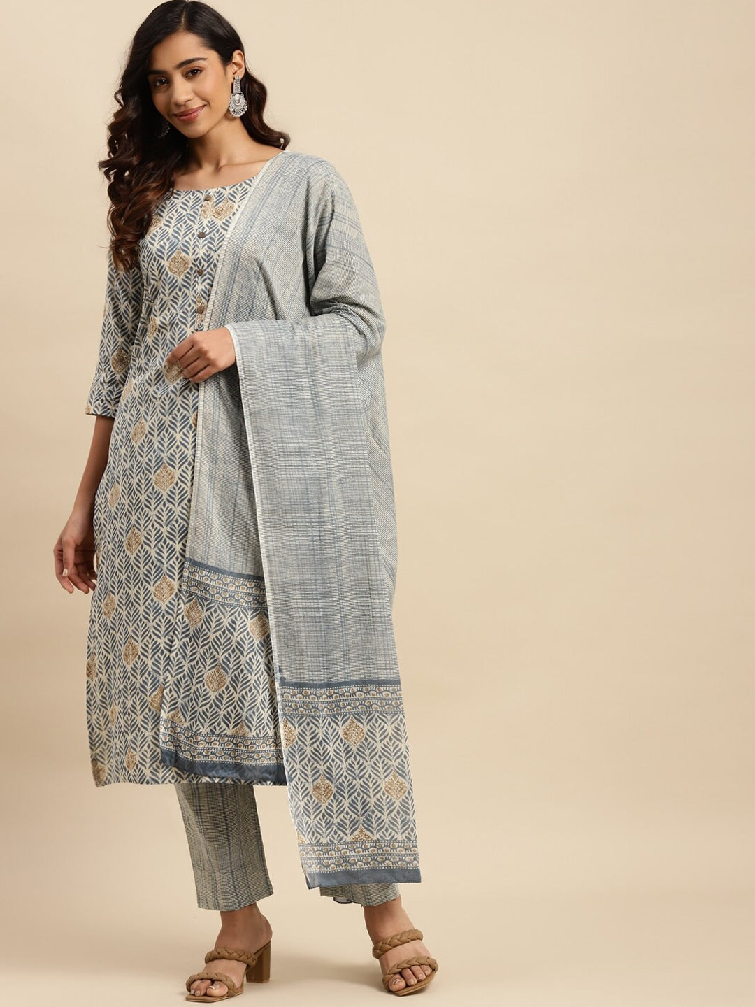 Sangria Floral Printed Mirror Work Pure Cotton Kurta With Trouser & Dupatta - Distacart