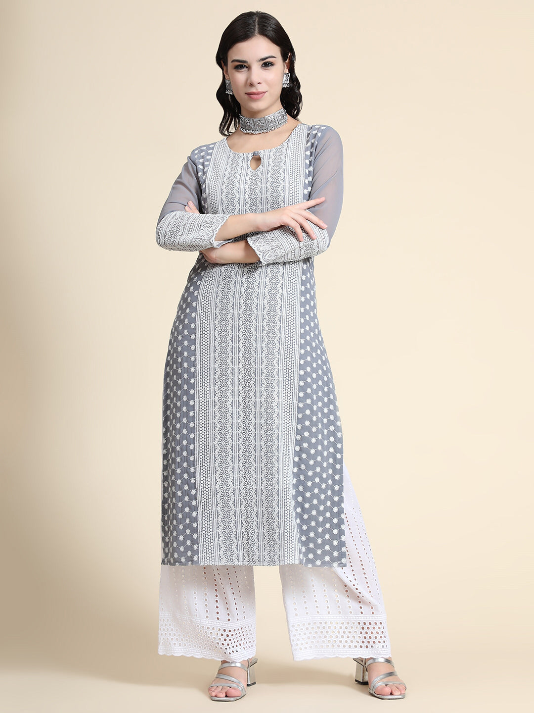Kalini Women Grey Floral Embroidered Keyhole Neck Thread Work Floral Georgette Kurta - Distacart