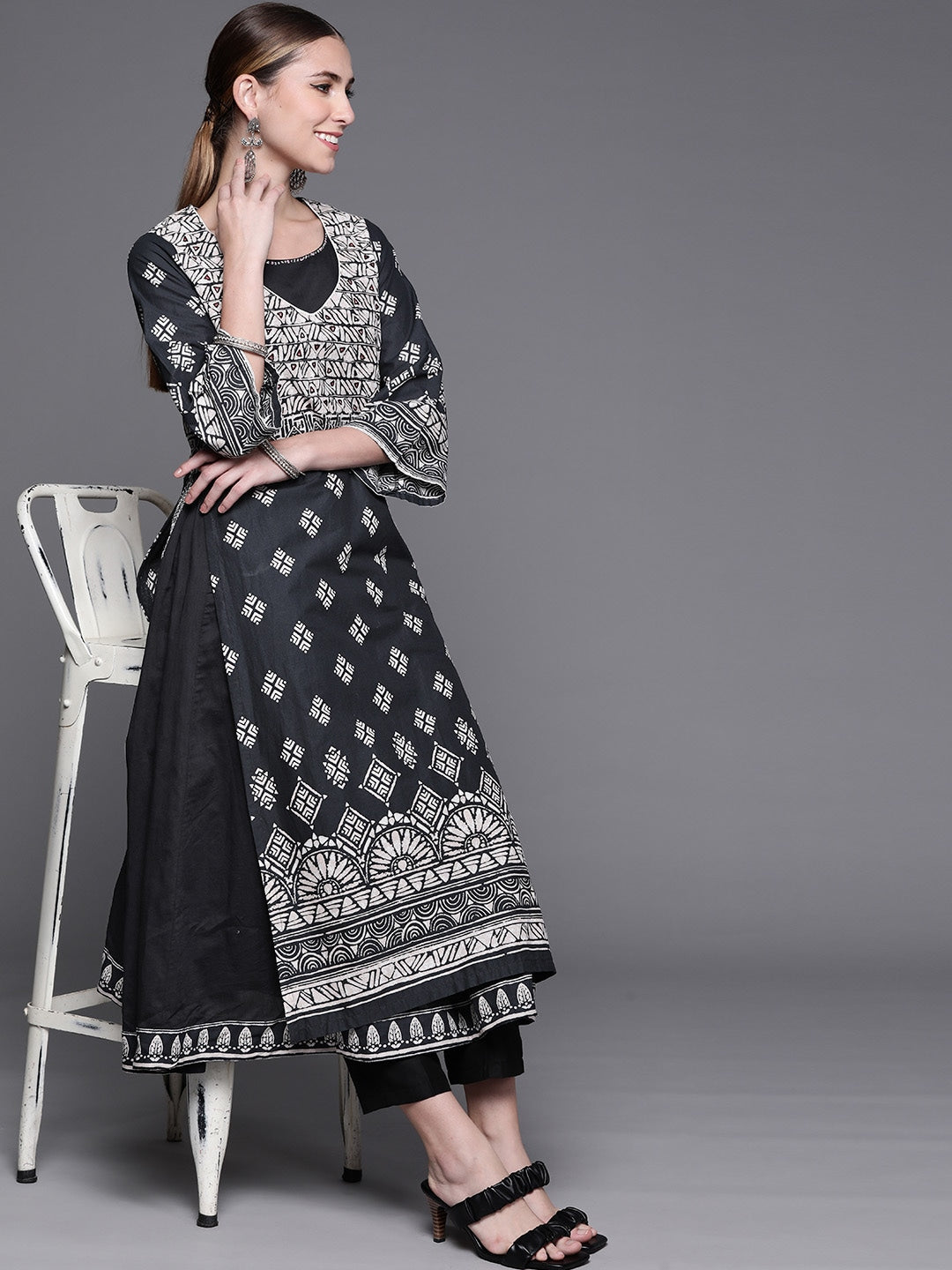 Biba Women Black & White Pure Cotton Geometric Printed Layered Kurta - Distacart