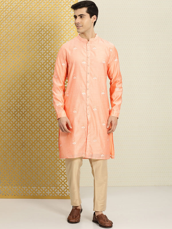 House of Pataudi Men Peach-Coloured Floral Embroidered A-Line Kurta - Distacart