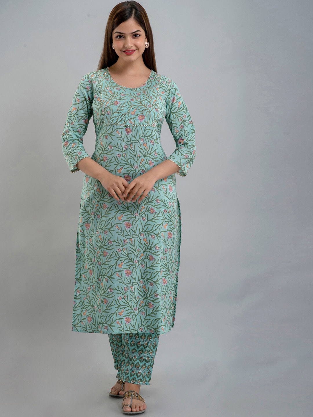 Kalini Women Sea Green Floral Yoke Design Pleated Pure Cotton Kurta with Trousers & With Dupatta - Distacart