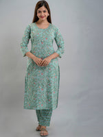 Thumbnail for Kalini Women Sea Green Floral Yoke Design Pleated Pure Cotton Kurta with Trousers & With Dupatta - Distacart