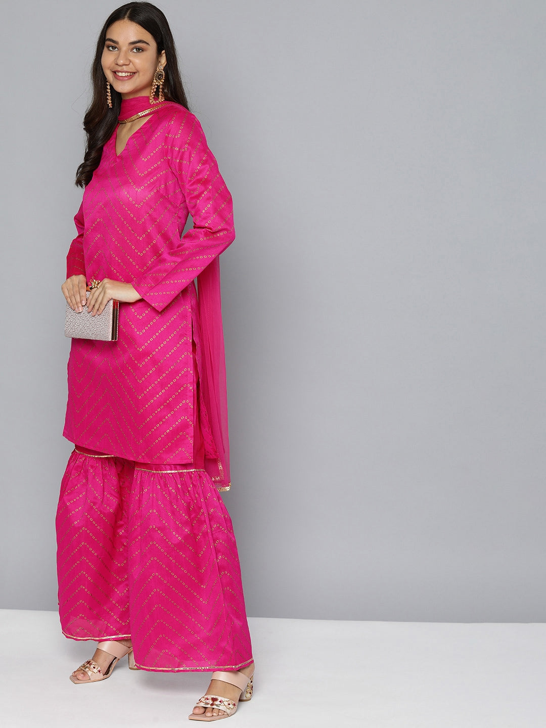 HERE&NOW Women Pink Ethnic Motifs Printed Gotta Patti Kurta with Sharara With Dupatta - Distacart