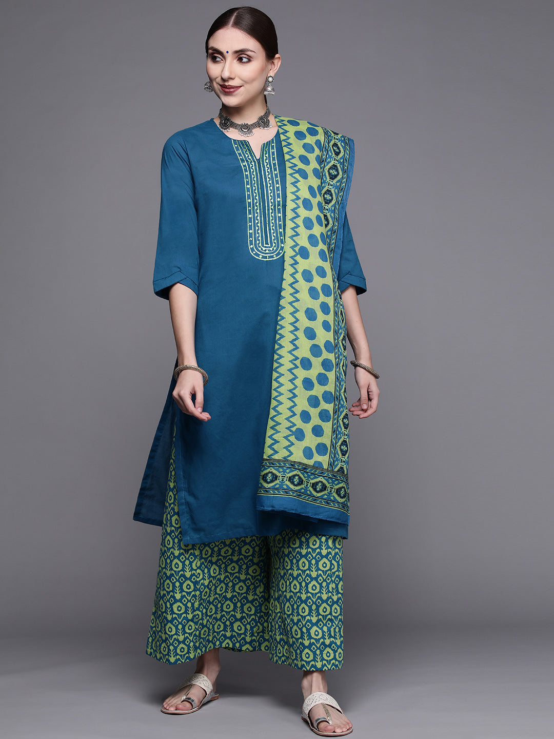 Biba Women Blue & Green Yoke Design Pure Cotton Kurta with Palazzos & Dupatta - Distacart