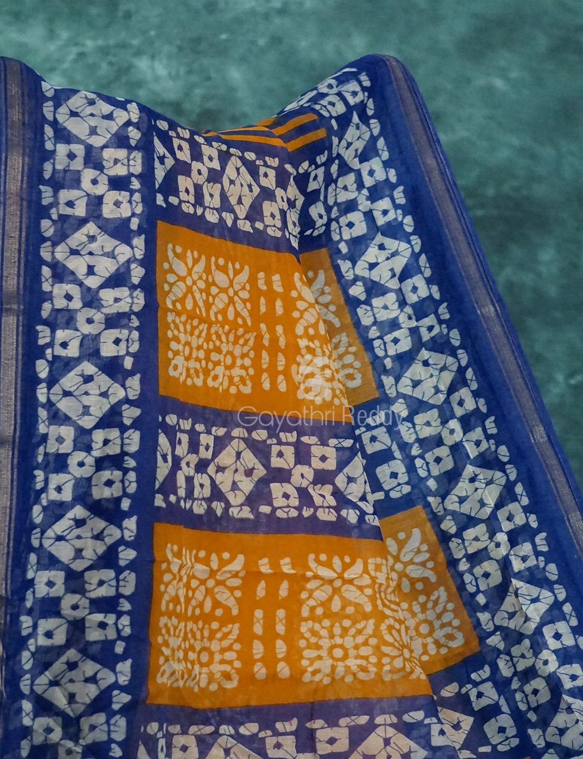 Yellow And Dark Ink Blue Colour Bathik Print Semi Chanderi Saree By Gayathri Reddy Designer Studio - Distacart
