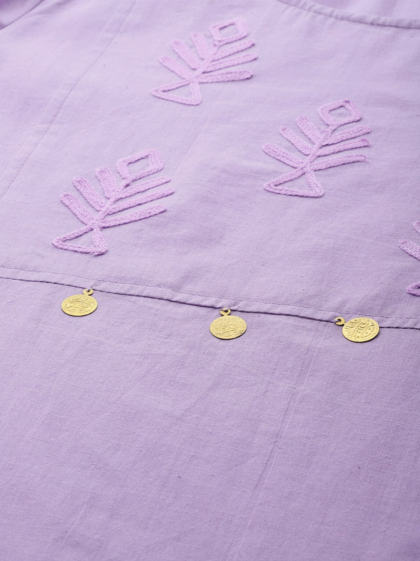HERE&NOW Women Lavender Yoke Design Pure Cotton Thread Work Straight Kurta - Distacart