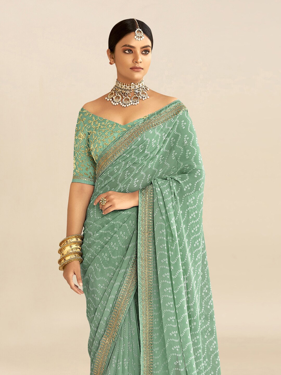 Mitera Sea Green & White Embroidered Pure Georgette Bandhani Saree - Distacart