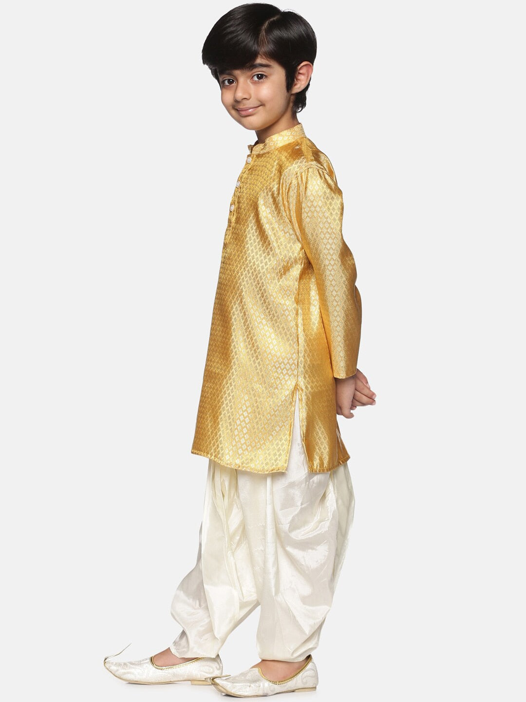 Sethukrishna Boys Gold-Toned & Off White Woven Design Kurta with Dhoti Pants - Distacart