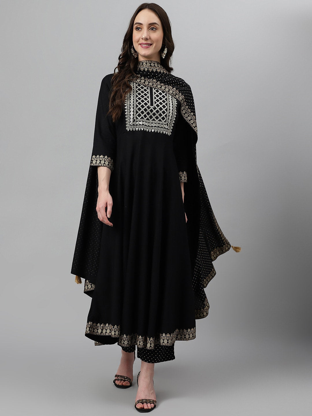 Khushal K Ethnic Motifs Yoke Design Zari Sequined Anarkali Kurta with Palazzos & Dupatta - Distacart