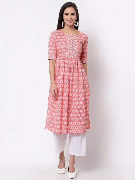 Myshka Women's Pink Printed 3/4 Sleeve Cotton Round Neck Dress