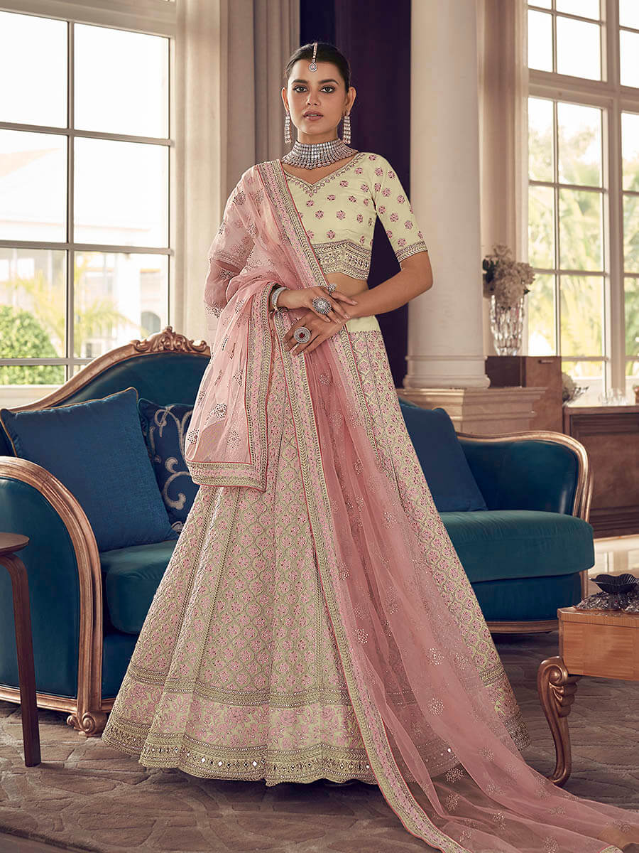 Myra White Art Silk Heavy Embroidered Lehenga - Distacart