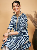 Thumbnail for InWeave Women's White Navy Stripe Print Gota Straight Kurta Pant Set - Distacart