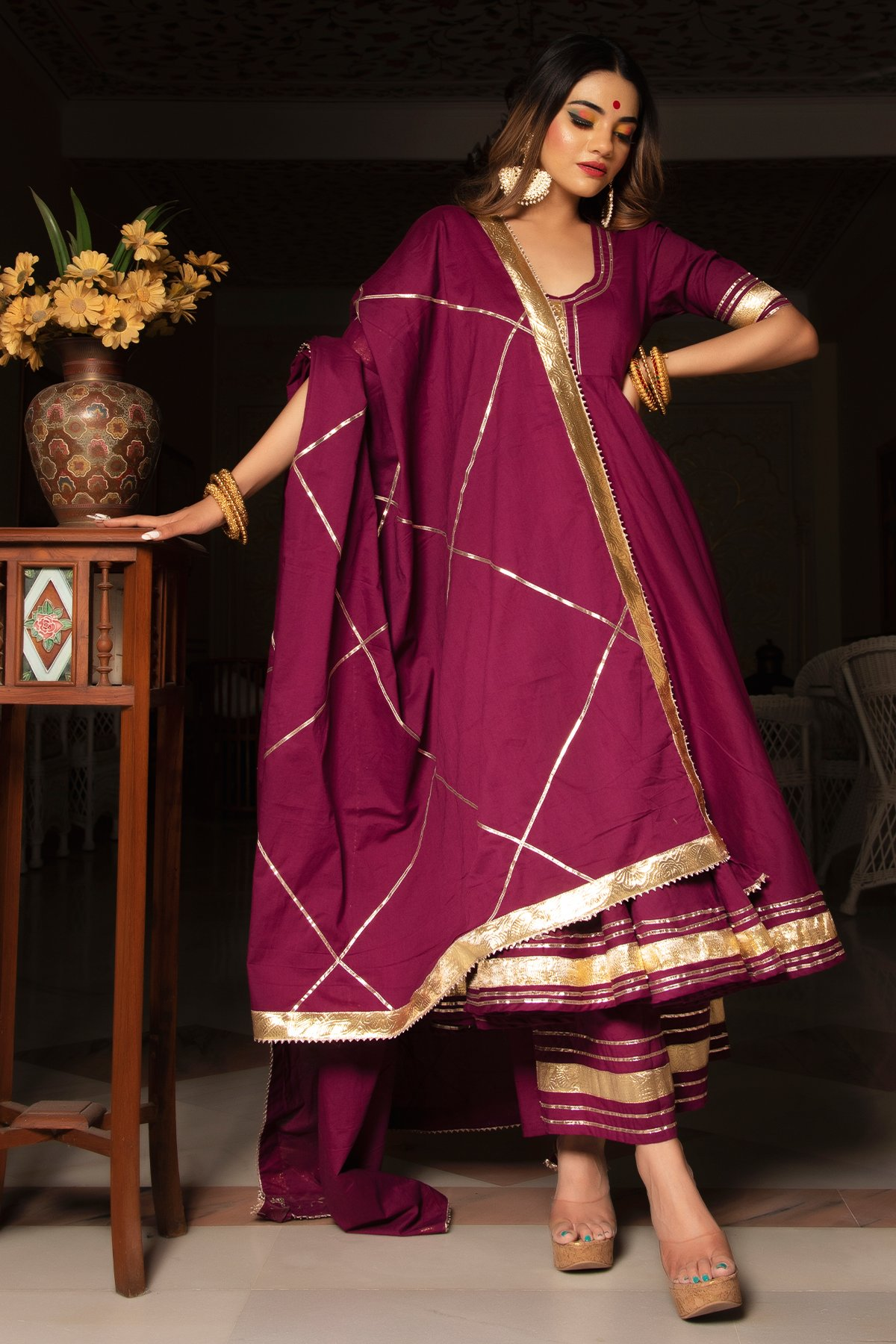 Pomcha Jaipur Burgundy Pure Cotton Anarkali Set - Distacart