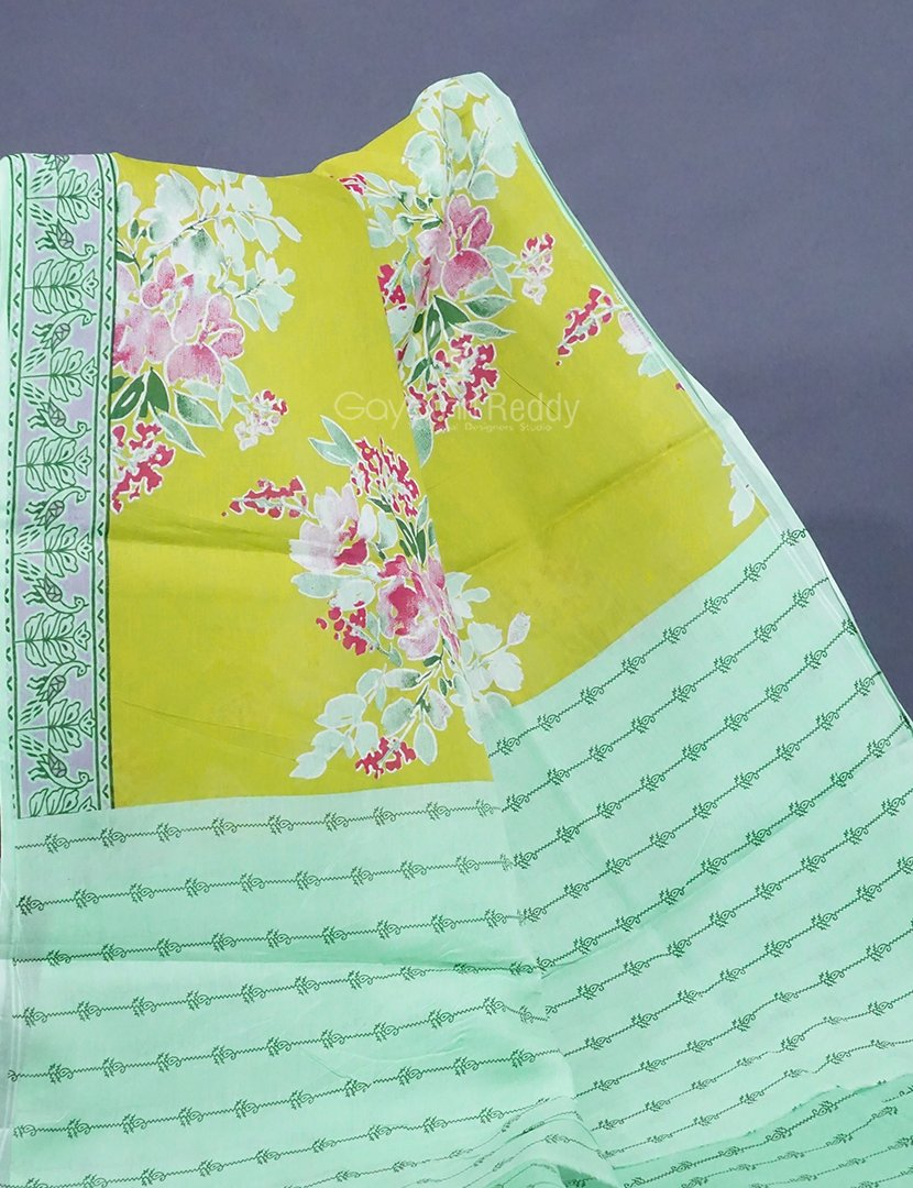 Lime Greencolour Block Print Pure Mulmul Cotton Saree By Gayathri Reddy Designer Studio - Distacart