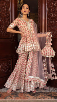 Thumbnail for Pomcha Jaipur Peach Hand Block Cotton Sharara Set - Distacart