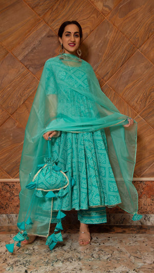 Pomcha Jaipur Bandhej Tiffany Blue Cotton Anarkali Set - Distacart