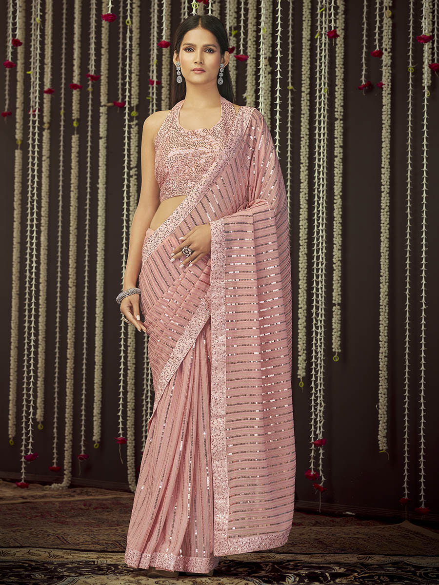 Myra Baby Pink Art Silk Heavy Embroidered Designer Saree - Distacart