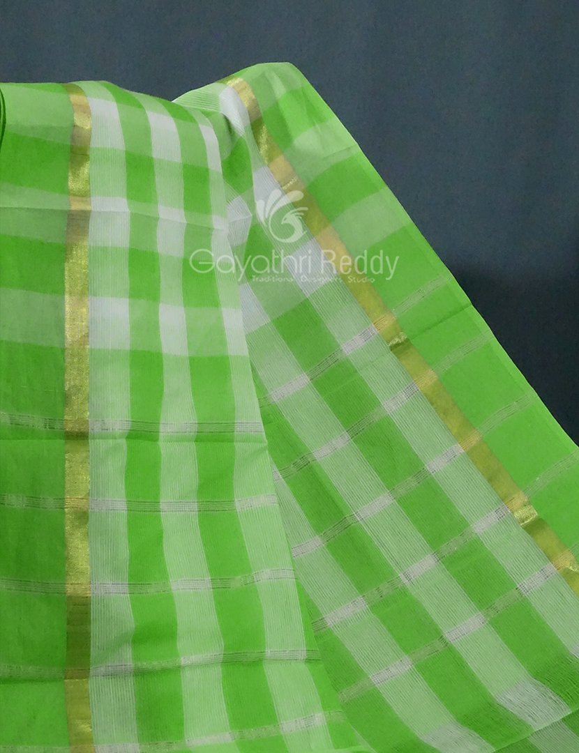Cream And Neon Green With Checks Pure Mangalgiri Cotton Saree By Gayathri Reddy Designer Studio - Distacart