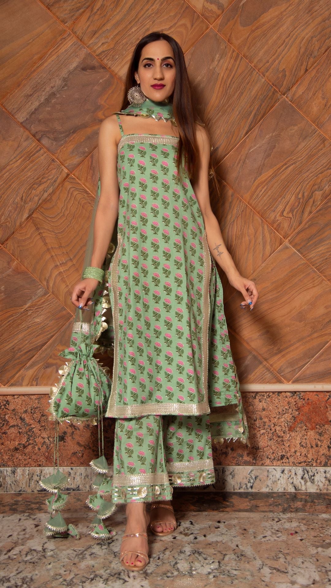 Pomcha Jaipur Mishika Green Hand Block Suit Set - Distacart