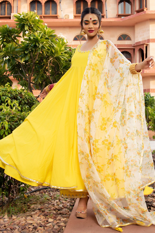 Pomcha Jaipur Yellow Berry Cotton Anarkali Set - Distacart