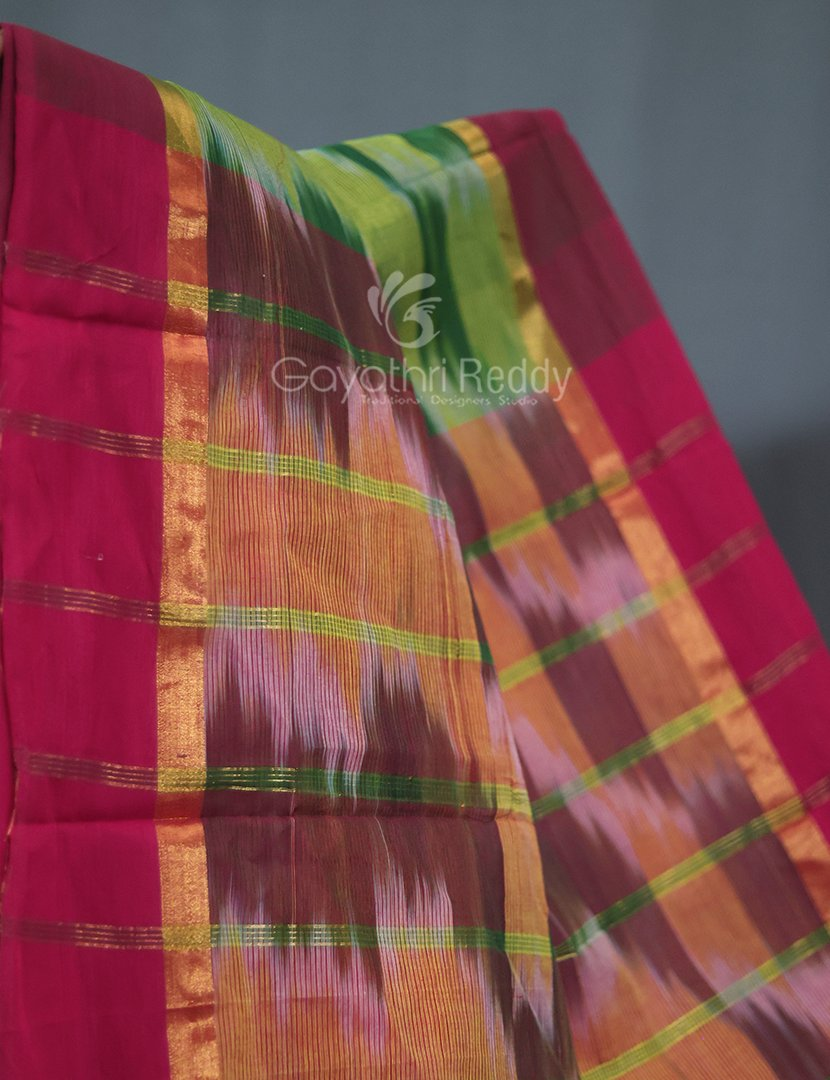 Dual Shades of Parrot Green And Mango Green Mangalagiri Ikkat Cotton Saree By Gayathri Reddy Designer Studio - Distacart