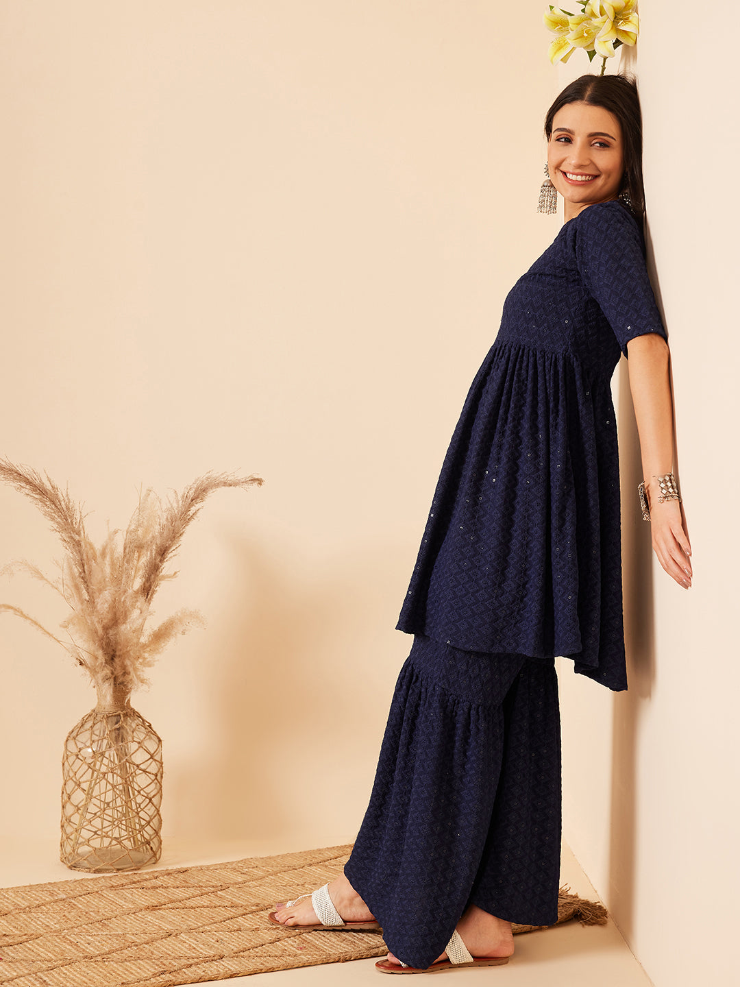 InWeave Women's Royal Blue Chikankari Kurta Set With Sharara - Distacart