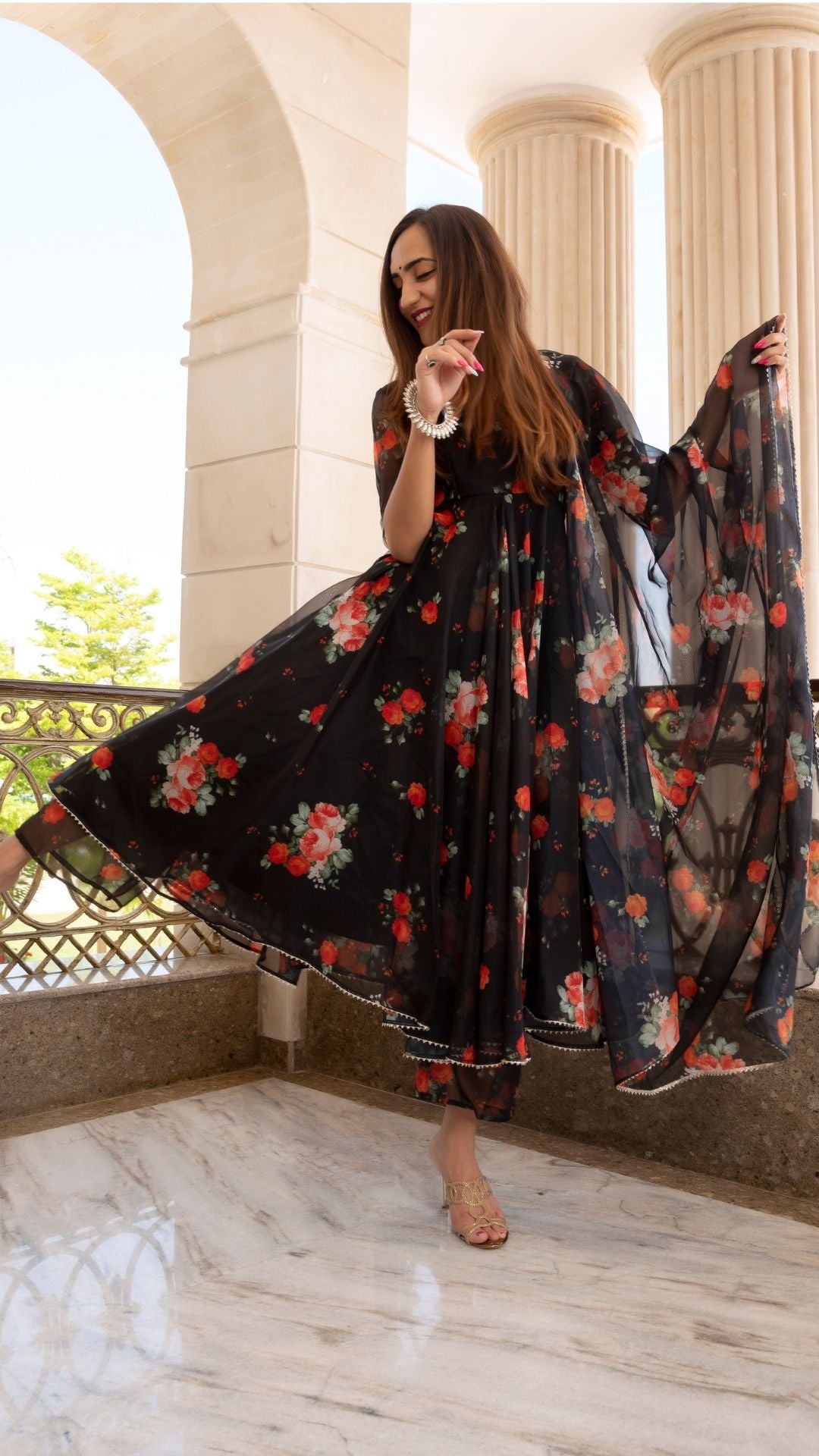 Pomcha Jaipur Red And Black Organza Anarkali Set - Distacart