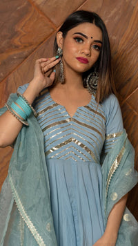 Thumbnail for Pomcha Jaipur Powder Blue Pure Cotton Anarkali Set - Distacart