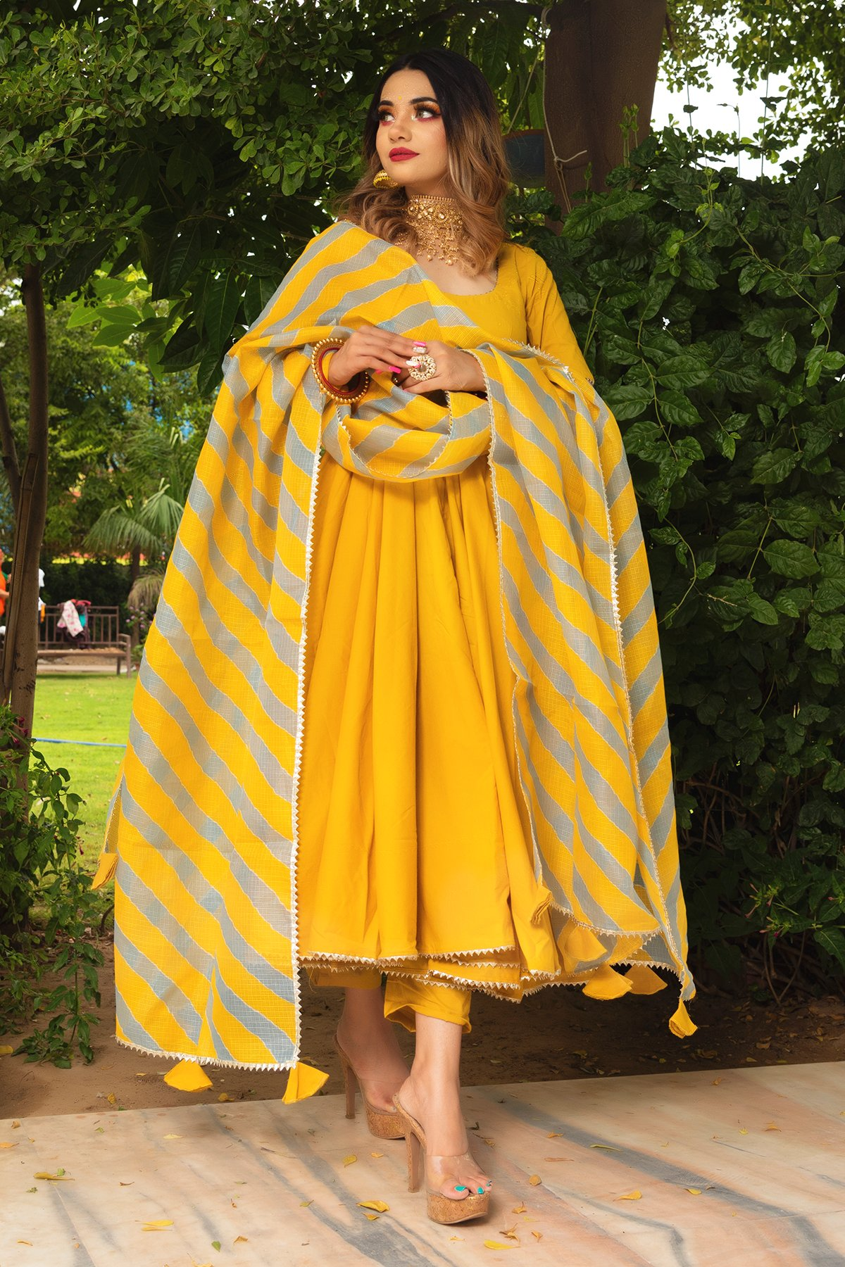 Buy Pomcha Jaipur Rosemarry Yellow Cotton Anarkali Set Online at