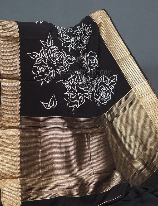 Shades of Black Floral Screen Dola Silk Saree By Gayathri Reddy Designer Studio - Distacart