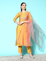 Thumbnail for Sangria Floral Embroidered Regular Sequinned Kurta with Trousers & With Dupatta - Distacart