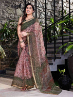 Thumbnail for Kalini Pink & Green Floral Zari Organza Saree - Distacart