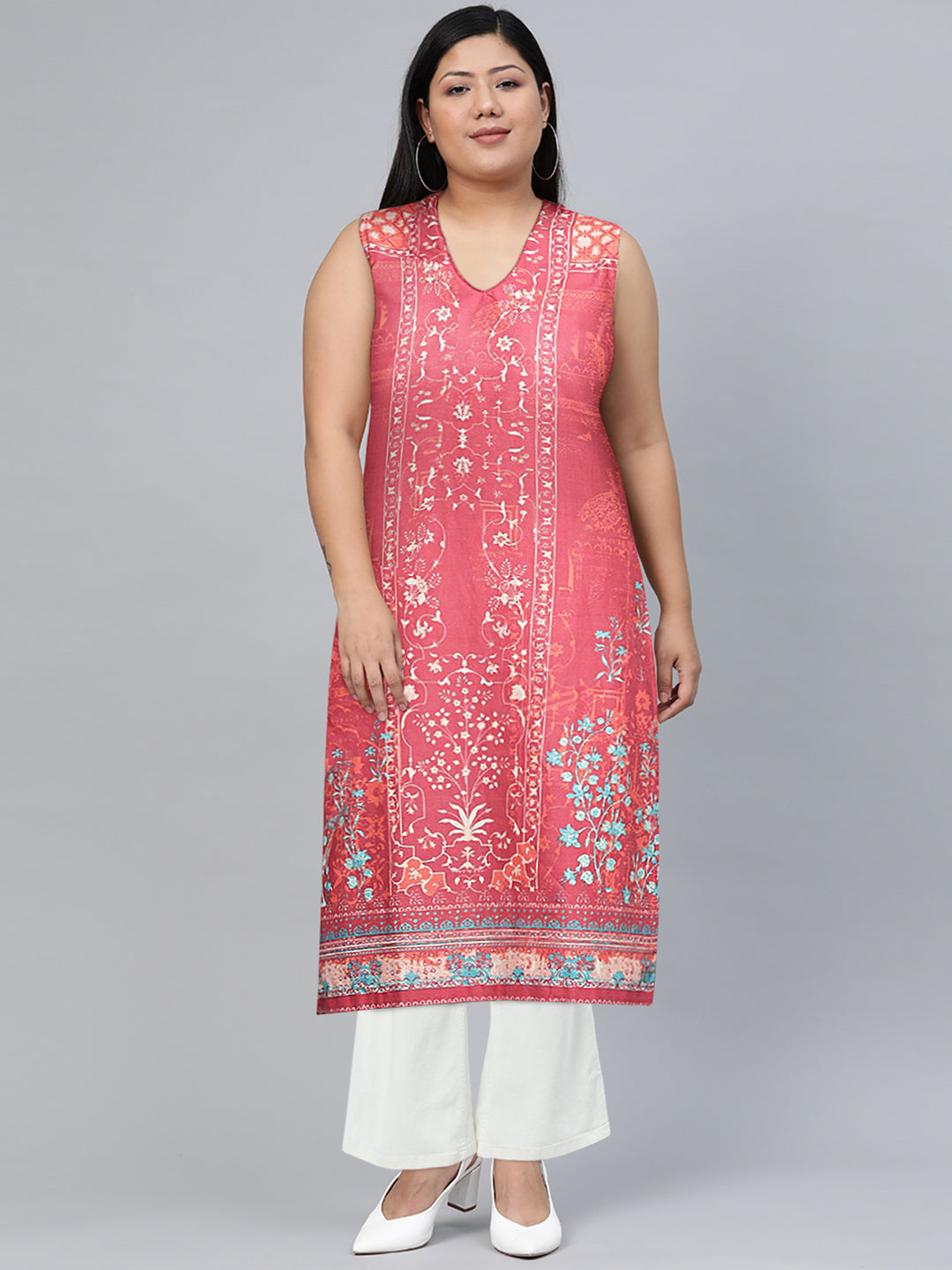 Biba Women Pink Pure Cotton Ethnic Motifs Printed V-Neck Sleeveless Kurta - Distacart