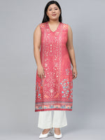 Thumbnail for Biba Women Pink Pure Cotton Ethnic Motifs Printed V-Neck Sleeveless Kurta - Distacart