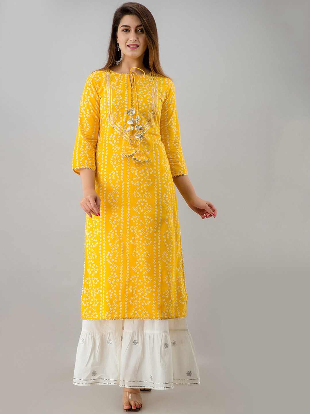 HERE&NOW Yellow & White Bandhani Printed Gotta Patti Kurta with Sharara - Distacart