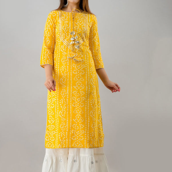 HERE&NOW Yellow & White Bandhani Printed Gotta Patti Kurta with Sharara - Distacart