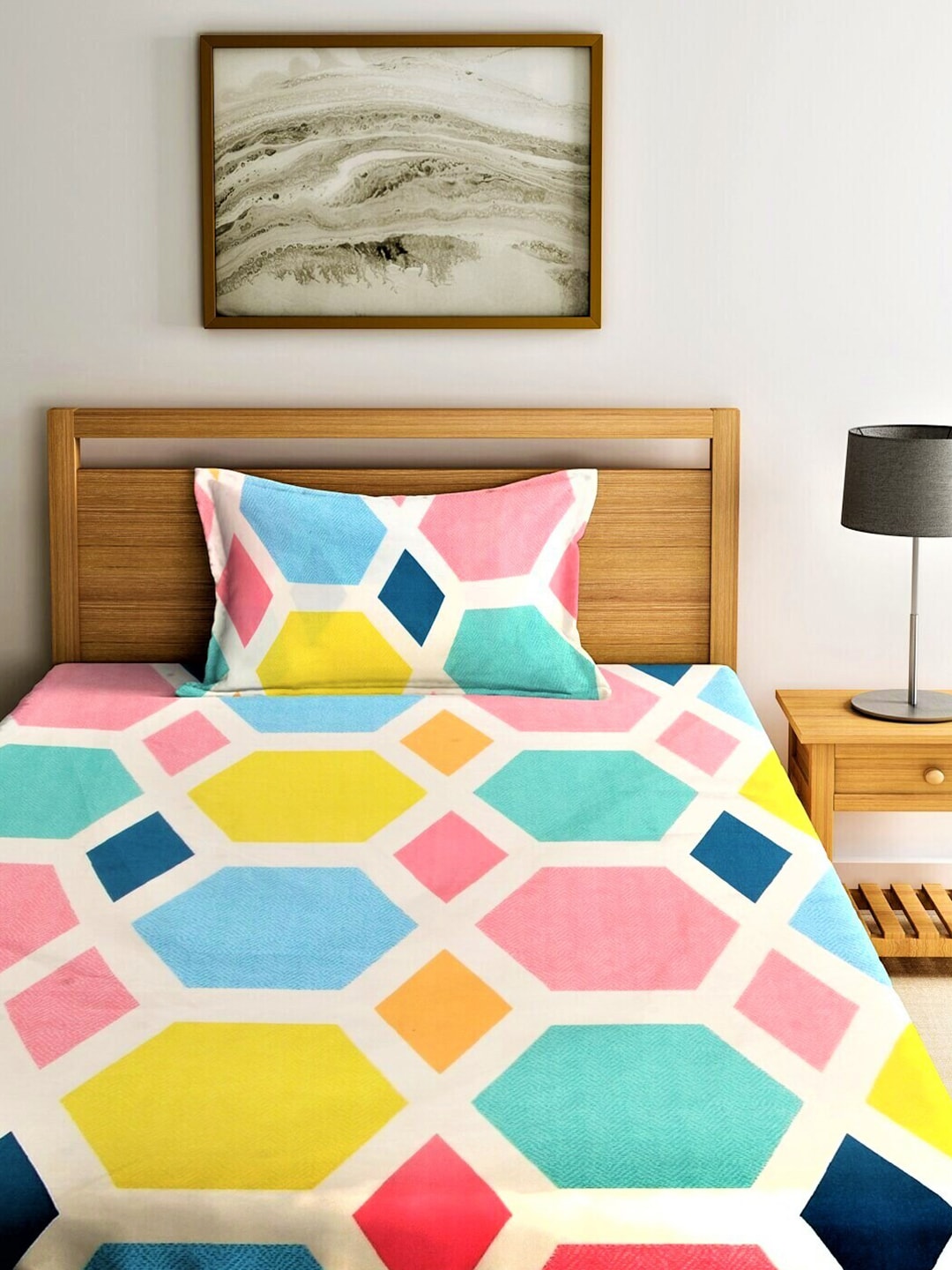 Home Sizzler Blue & Yellow Geometric 210 TC Single Bedsheet with 1 Pillow Covers - Distacart