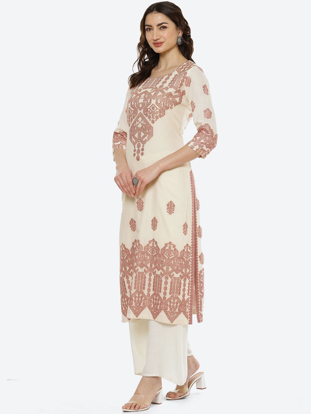 Biba Women Off White Ethnic Motifs Printed Mirror Work Jacquard Anarkali Kurta - Distacart