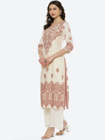 Thumbnail for Biba Women Off White Ethnic Motifs Printed Mirror Work Jacquard Anarkali Kurta - Distacart