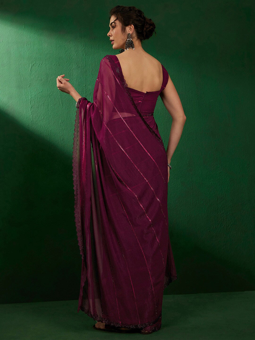 Sangria Striped Embellished Pure Georgette Saree - Distacart