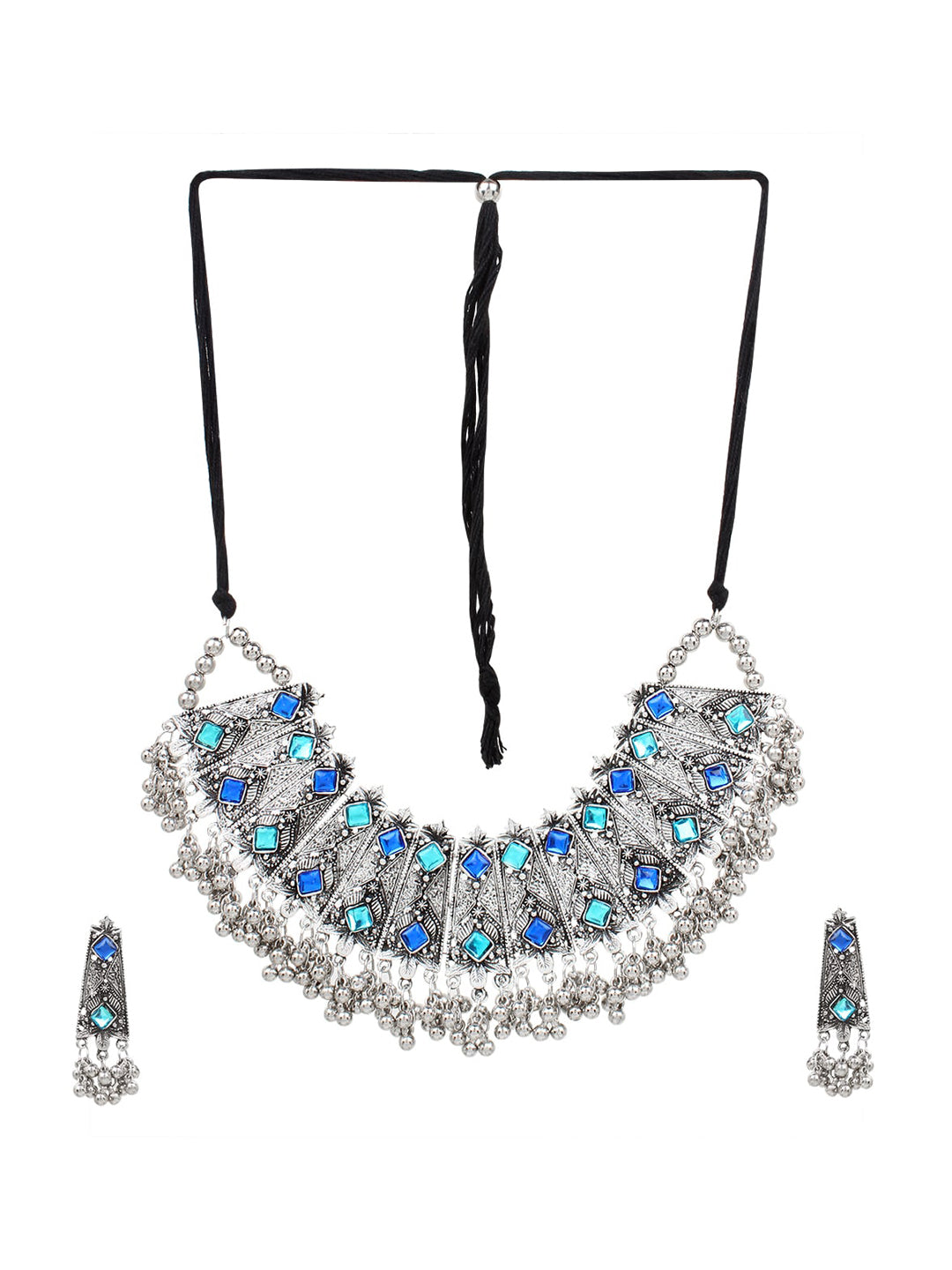 Cardinal Oxidised Silver-Toned & Blue Stones-Studded & Beaded Jewellery Set - Distacart