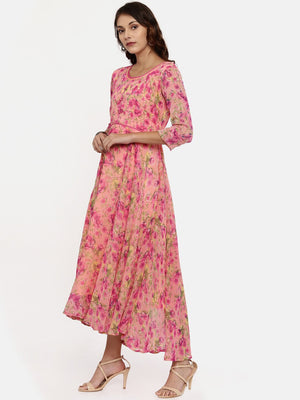 Souchii Pink & Yellow Floral Printed Fit & Flare Dress - Distacart