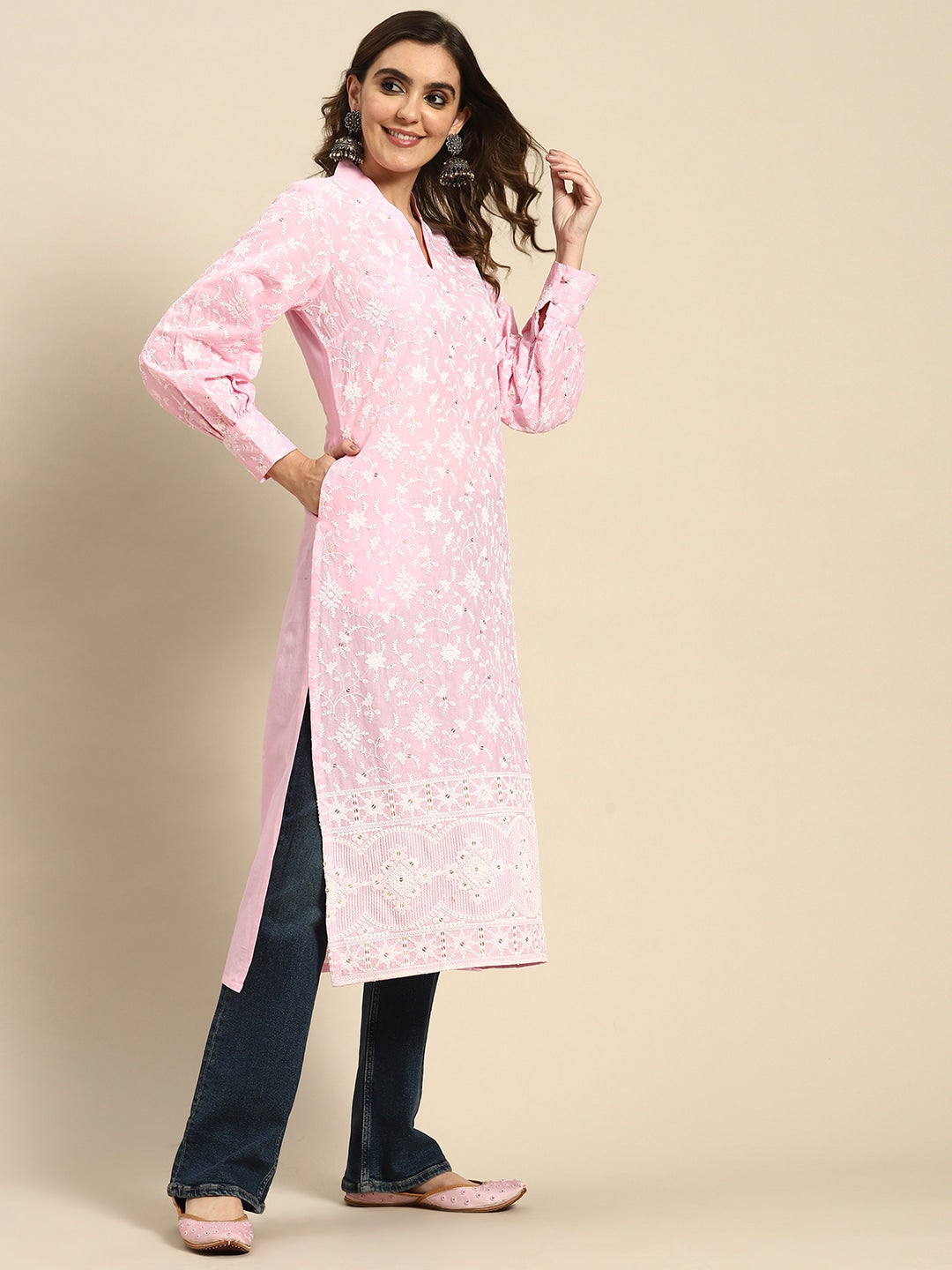 Sangria Floral Embroidered Puff Sleeves Cotton Kurta - Distacart