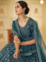 Thumbnail for Myra Rama Blue Soft Net Embroidered Lehenga - Distacart