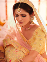 Thumbnail for Myra Yellow Organza Embroidered Designer Lehenga - Distacart
