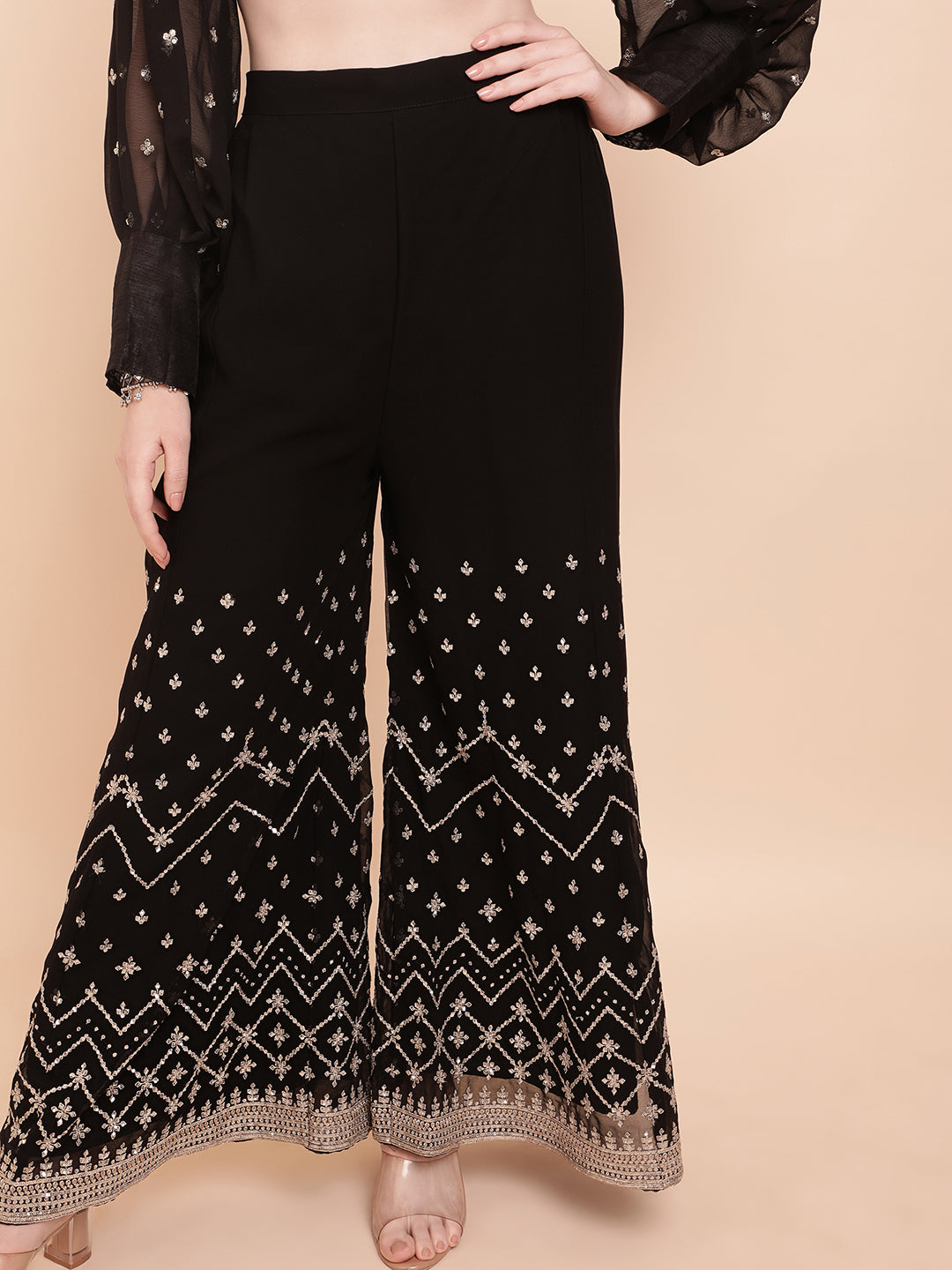 Sangria Black & White Embellished Sequinned Pure Georgette Palazoo Saree - Distacart