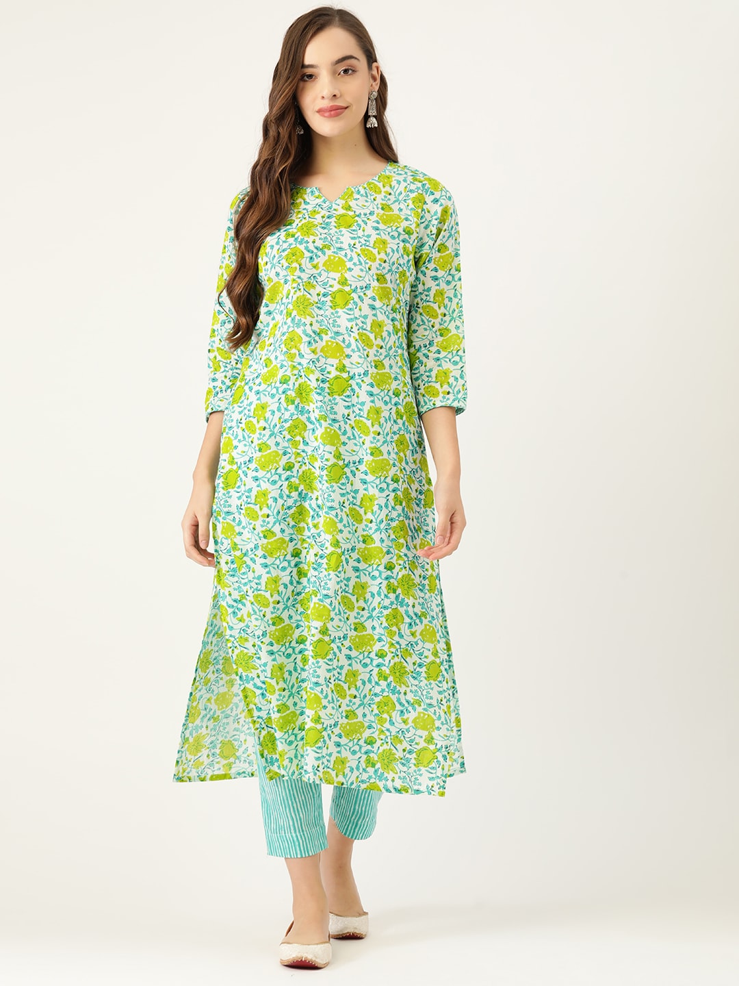 Sangria Women Blue & Yellow Floral Printed Pure Cotton Kurta with Trousers - Distacart